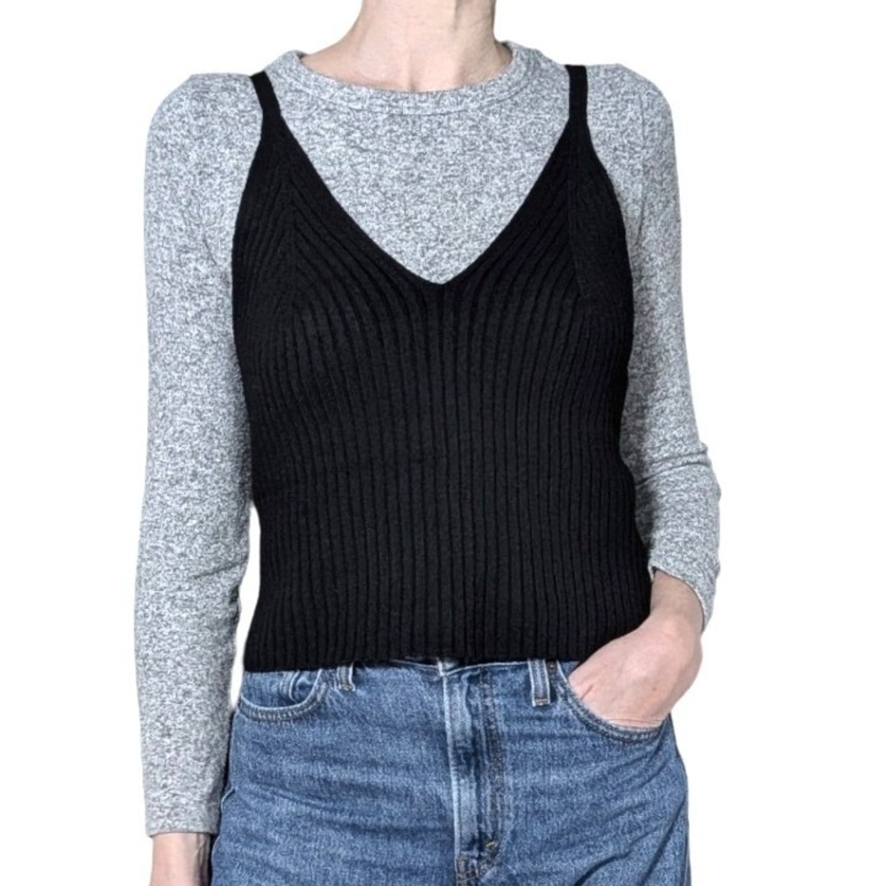Anthropologie Black Ribbed‎ Knit V Neck Cropped Sweater Tank Top Size M